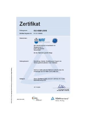 Zertifikat ISO 45001 | NAF Axles